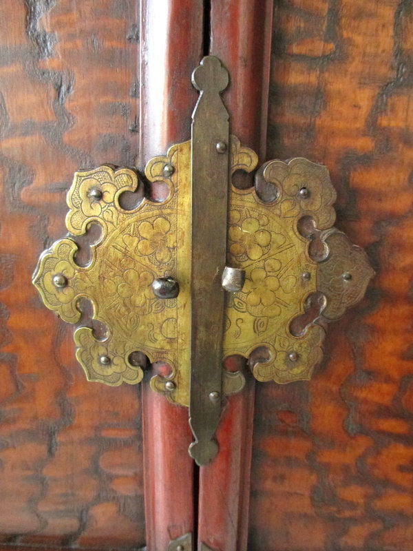 Antique Korean Wooden Chest WIth Brass Floral Hardware