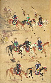 Antique Korean Eight Panel Screen Of Hunters