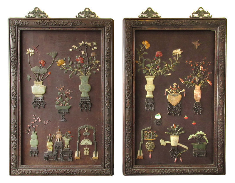 Large Pair Chinese Hardwood Plaques with Stone Inlay