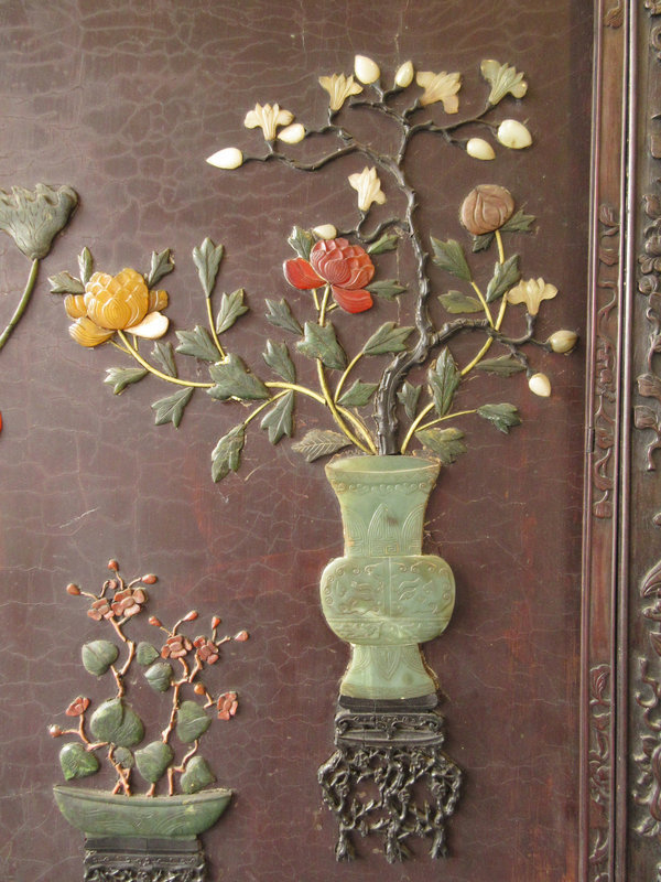 Large Pair Chinese Hardwood Plaques with Stone Inlay