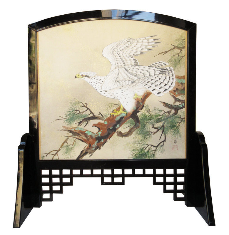 Japanese Painted Standing Screen with Hawk and Peonies