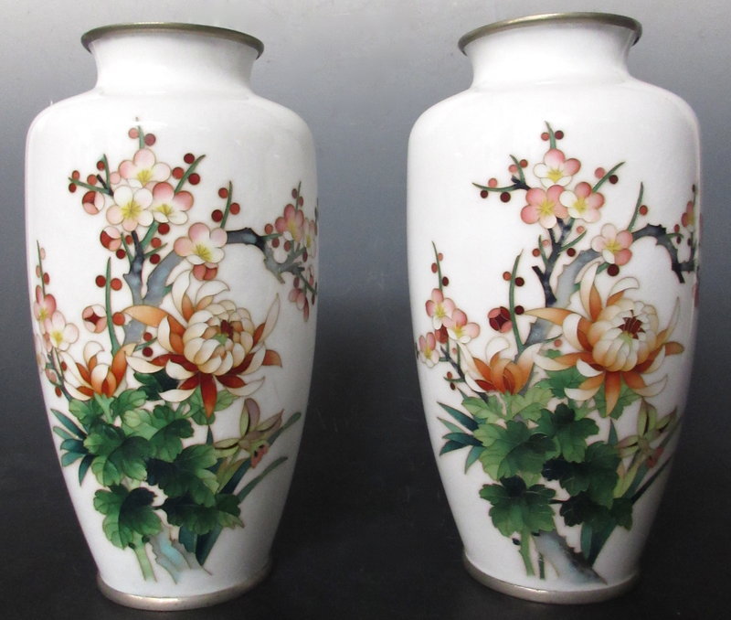 Japanese Pair of White Cloisonne Vase With Flowers
