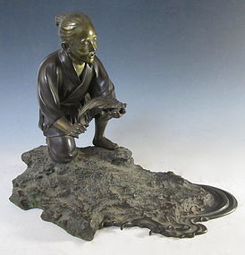 Japanese Antique Bronze Fisherman and Ancient Tortoise