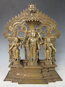 Antique Indian Bronze Vishnu and Consorts Altar
