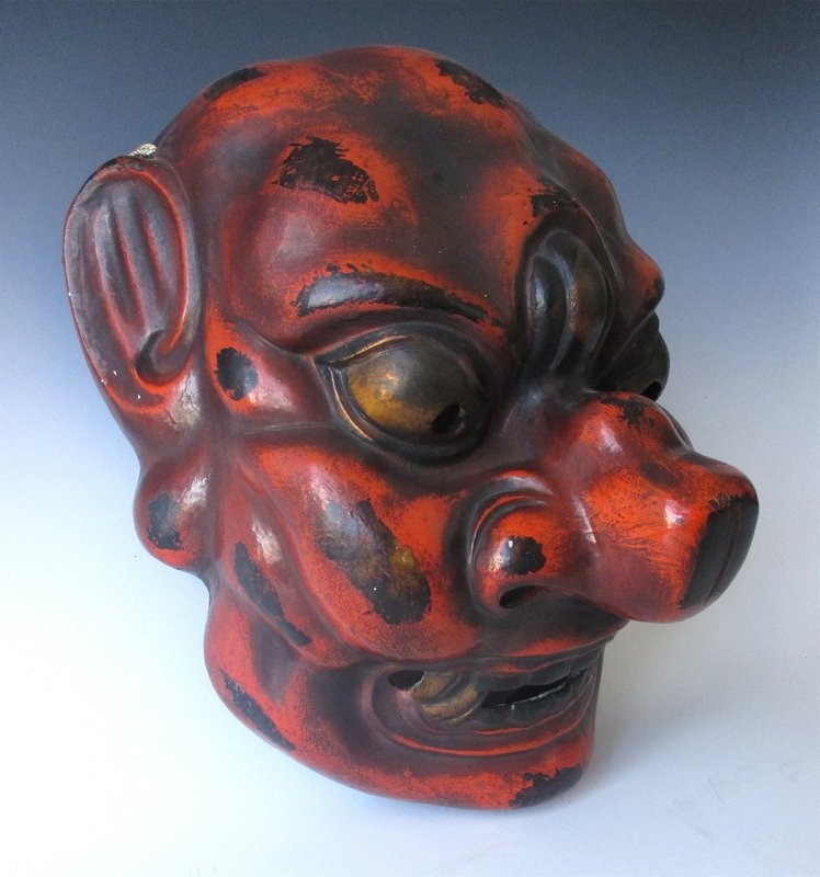 Large Japanese Red and Black Lacquer Gigaku Mask