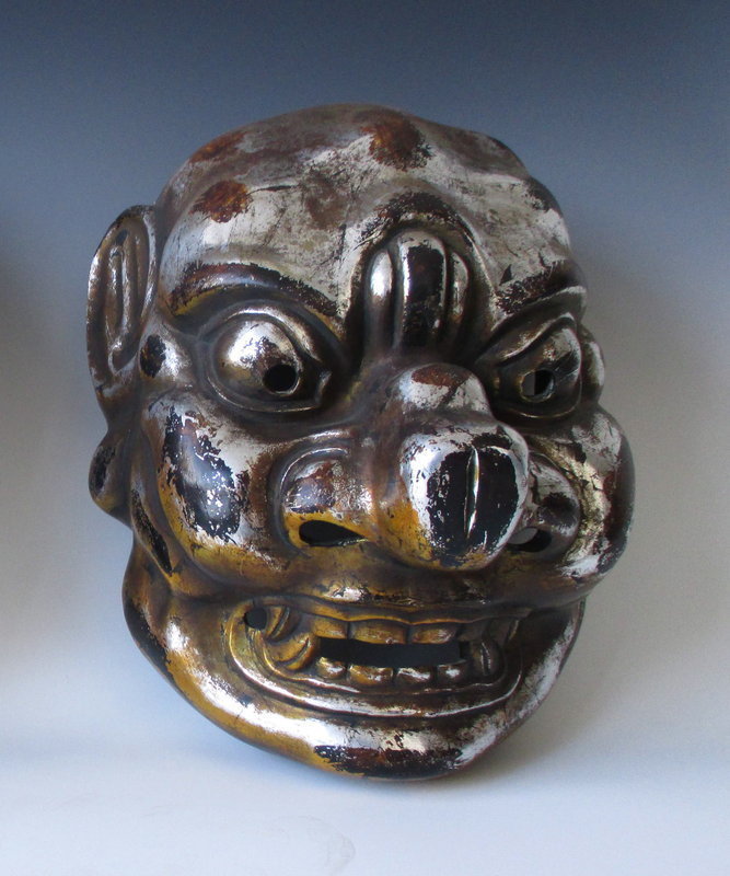 Large Japanese Silver and Gold Lacquer Gigaku Mask