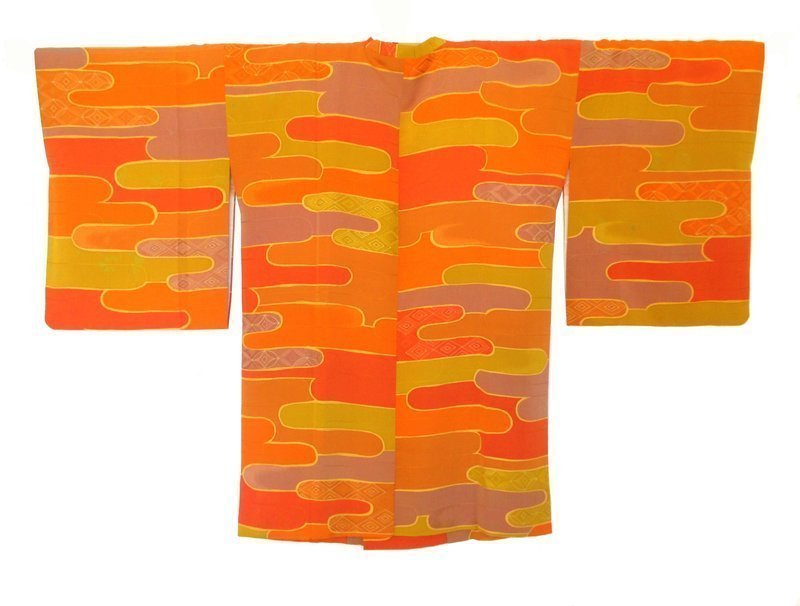 Japanese Orange Silk Kimono with Mist Pattern