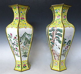 Pair of Chinese Enamel Vases with Scenes of Nature