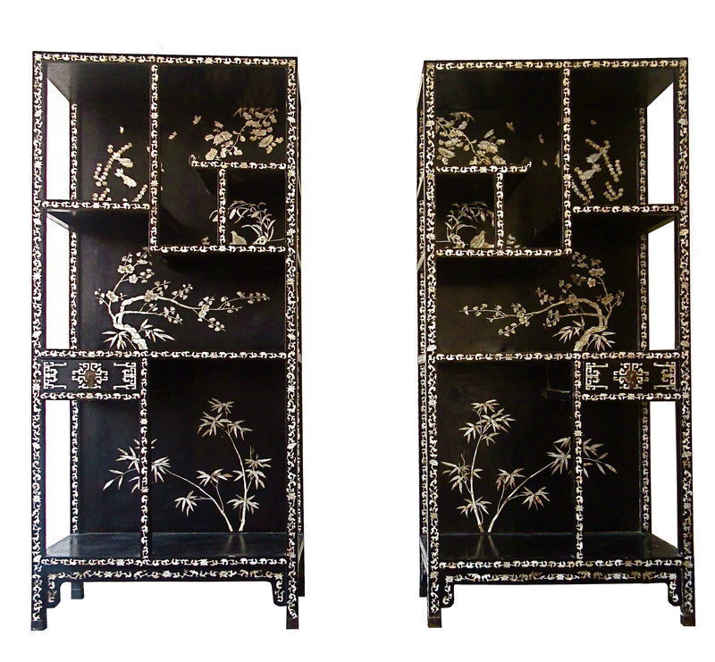Antique Chinese Pair of Lacquered and Inlaid Display Shelves