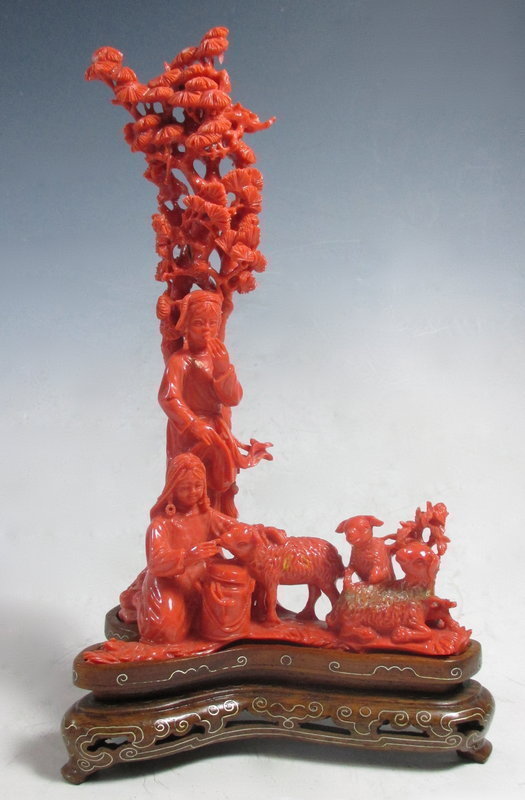 Chinese Carved Coral Scene of Women with Sheep