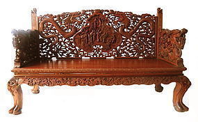 Indonesian Hardwood Bench with Highly Intricate Carvings