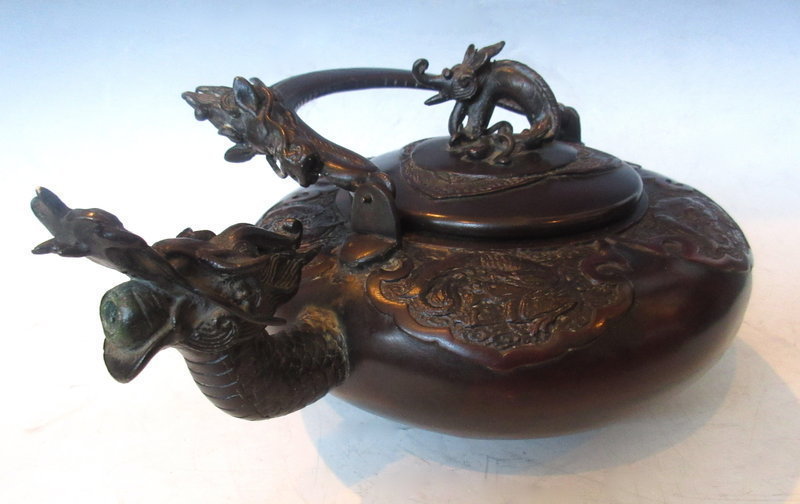 Antique Chinese Bronze Tea Kettle with Dragons