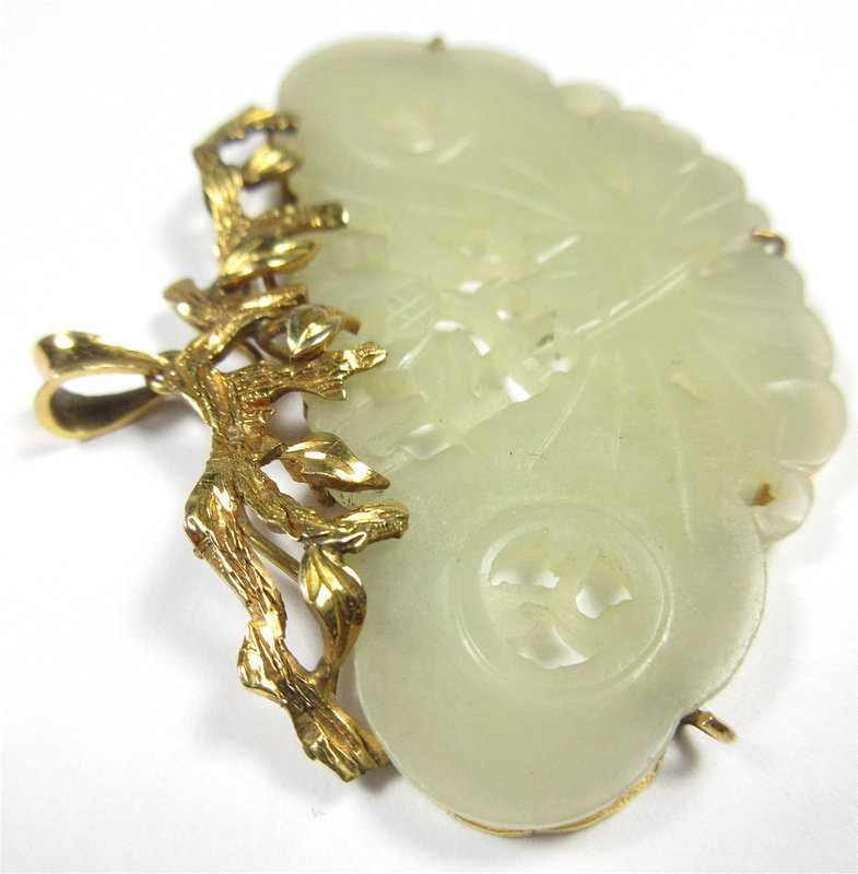 Chinese Carved Jadeite Pendant with 14K Gold