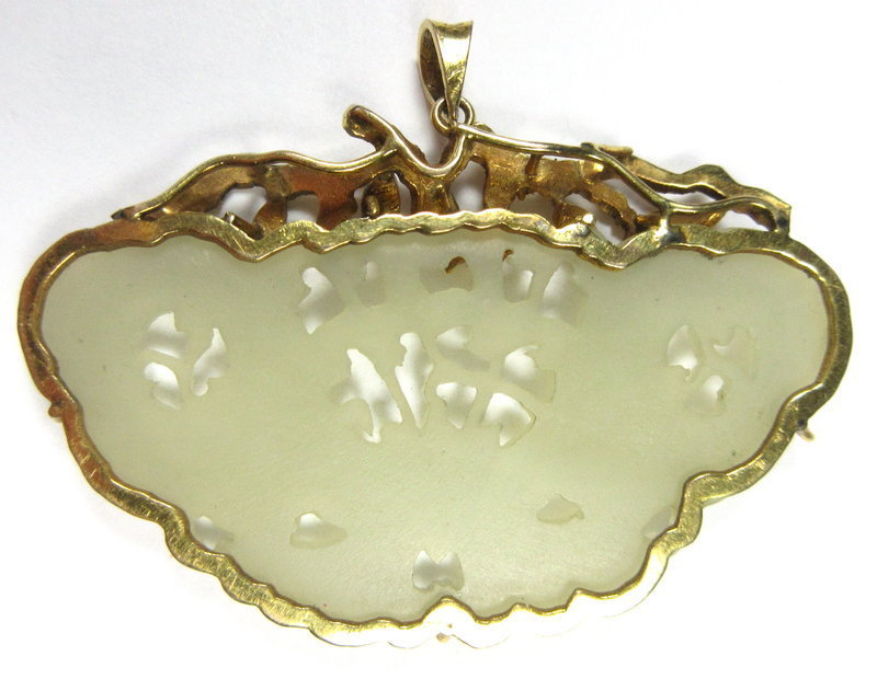 Chinese Carved Jadeite Pendant with 14K Gold