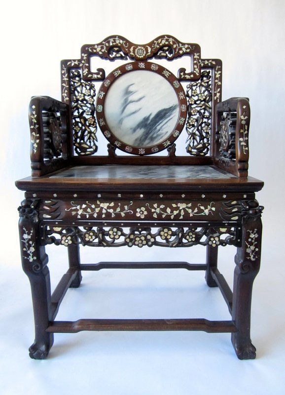 Chinese Pair of Inlaid Hardwood Chairs