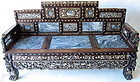 Antique Chinese Hardwood Bench with Marble and Inlay