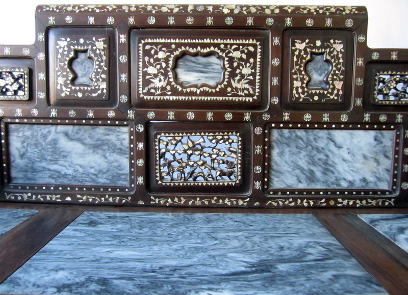 Antique Chinese Hardwood Bench with Marble and Inlay