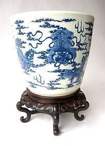 Chinese Large Porcelain Blue and White Planter and Stand