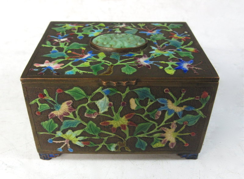 Antique Chinese Box with Cloisonne and Jade Flowers