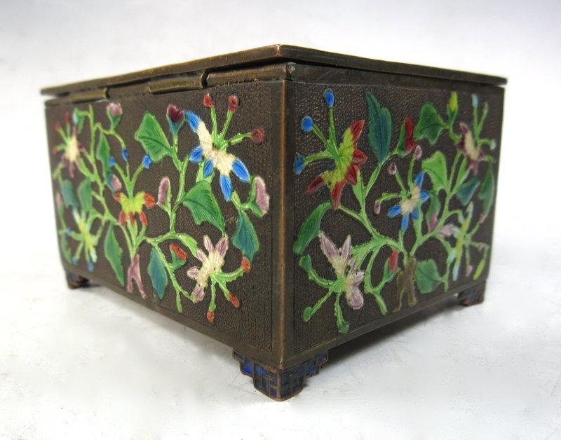 Antique Chinese Box with Cloisonne and Jade Flowers