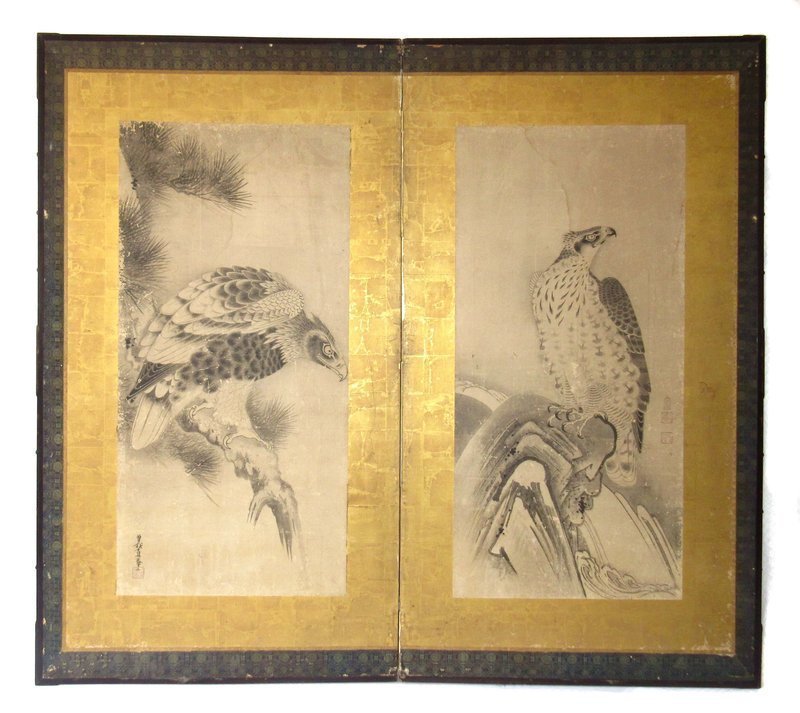 Antique Japanese 17th Century Two-Panel Screen of Hawks