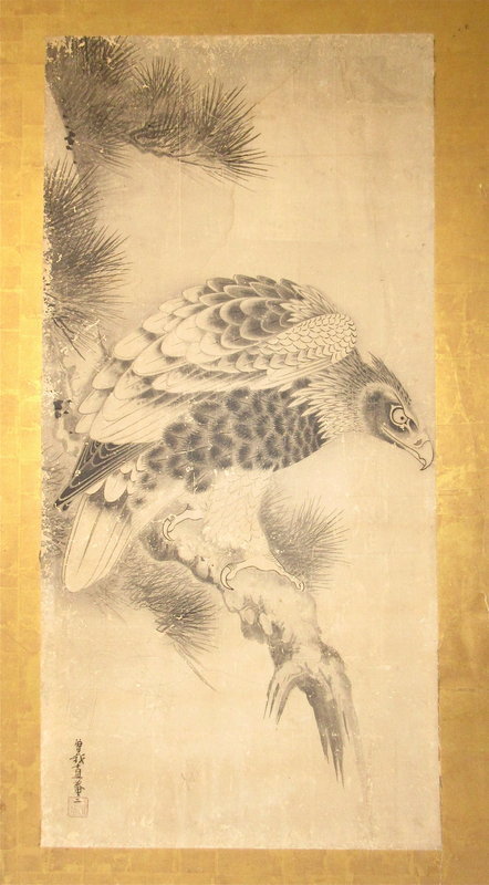 Antique Japanese 17th Century Two-Panel Screen of Hawks