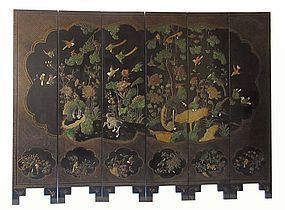 Antique Chinese Black Lacquer Hardstone Inlaid Screen