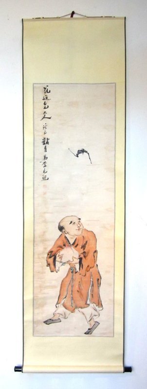 Antique Chinese Daoist Sage, Peach and Bat Scroll
