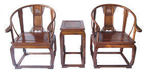 Chinese Hardwood Horseshoe Back Chairs and Stand