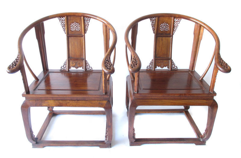 Chinese Hardwood Horseshoe Back Chairs and Stand