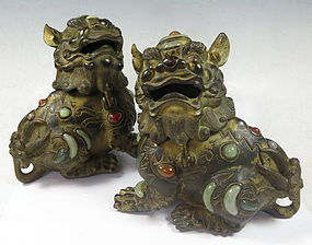Chinese Pair of Bronze Fu Dog Censors