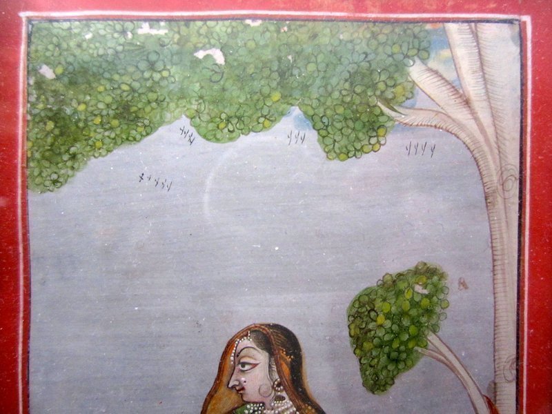 Antique Indian Miniature Painting of Woman under Tree