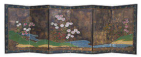 Japanese Small Byobu Screen Painting of Flowers