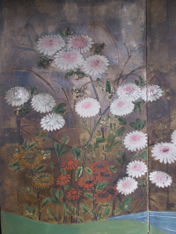 Japanese Small Byobu Screen Painting of Flowers