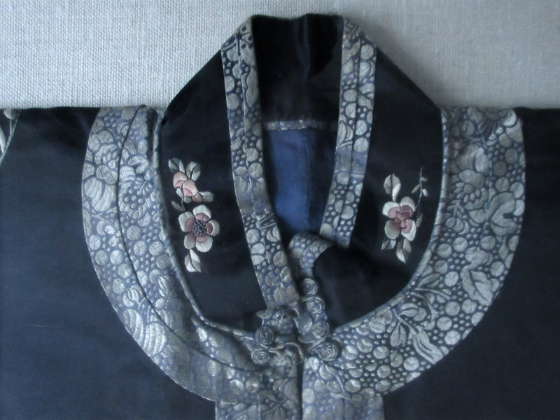 Chinese Framed Blue Silk Coat with Cranes