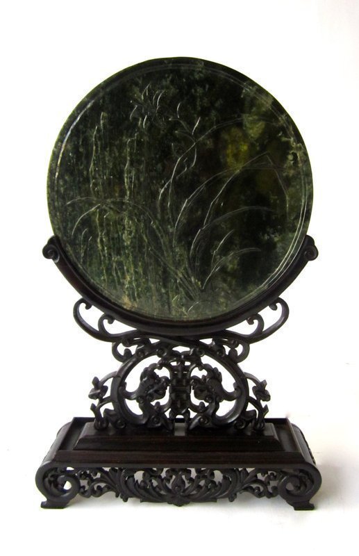 Pair of Nephrite Plaque with Wood Carved Stands