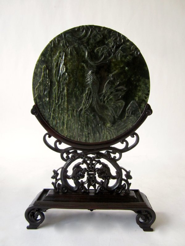 Pair of Nephrite Plaque with Wood Carved Stands