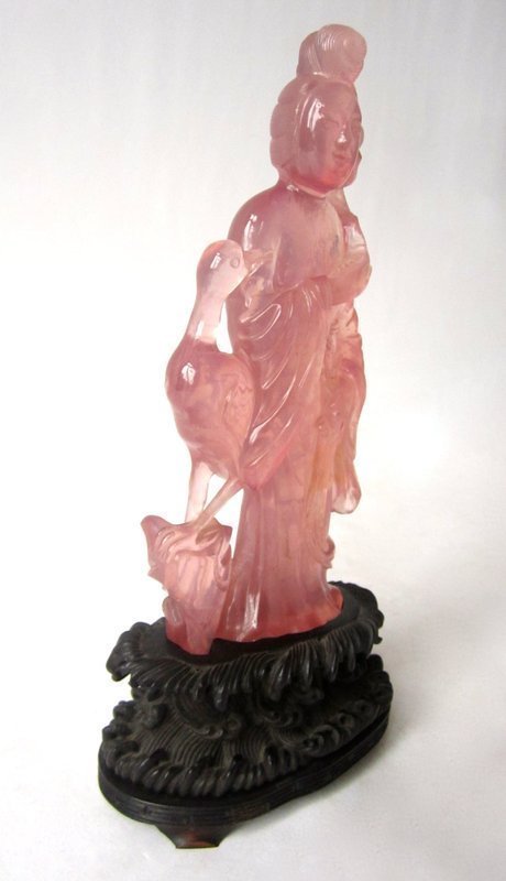 Antique Chinese Rose Quartz Maiden with Crane