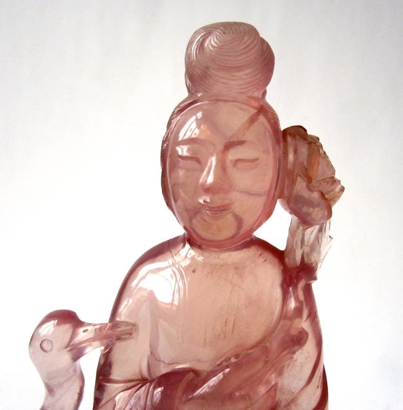 Antique Chinese Rose Quartz Maiden with Crane