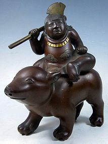Antique Japanese Bronze kintaro and the bear