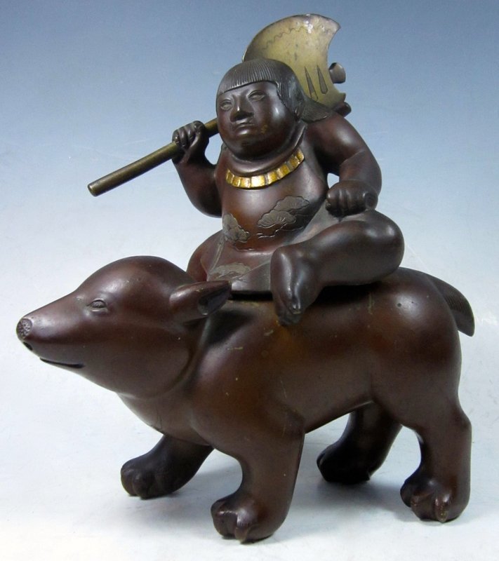 Antique Japanese Bronze kintaro and the bear