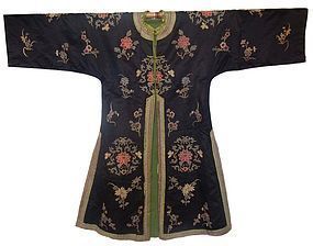 Antique Chinese Blue Silk Robe with Flowers
