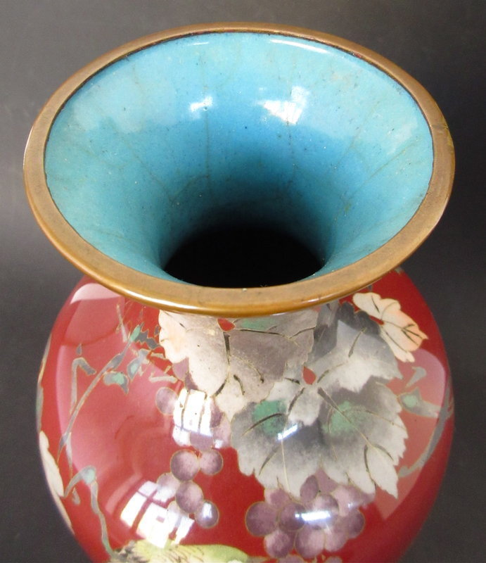 Japanese Red Cloisonne Vase with Birds