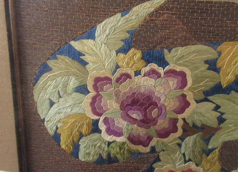 Chinese Framed Woven Silk Flower Shou Tapestry