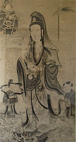 Antique Chinese Large Framed Scroll of Quan Yin