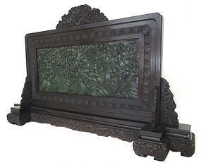 Chinese Carved Jade Plaque with Zitan Stand