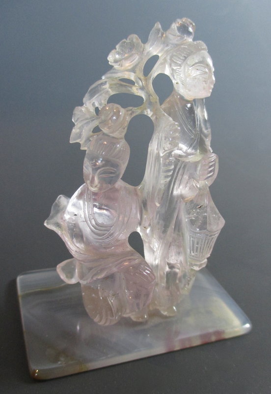 Chinese Antique Morganite Carving of Lady and Attendant
