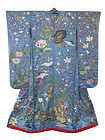 Japanese Antique Wedding Kimono of Blue Silk with Cranes and Turtles