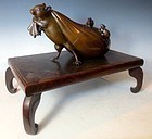 Antique Japanese Bronze Mouse Running Off with Daikoku Money Bag