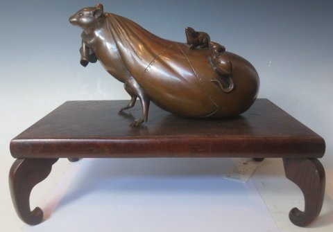 Antique Japanese Bronze Mouse Running Off with Daikoku Money Bag